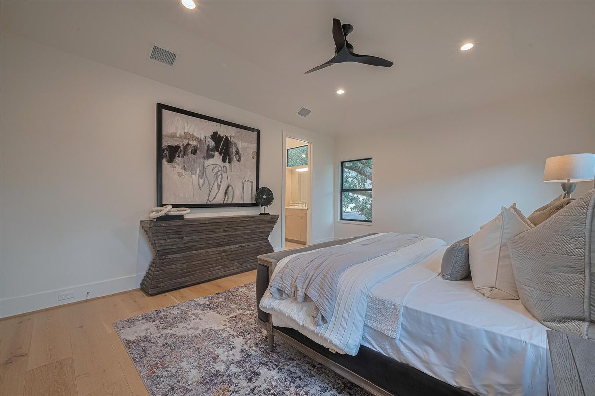 Bedroom, Interior, Recessed Lighting, Wood Texture Flooring