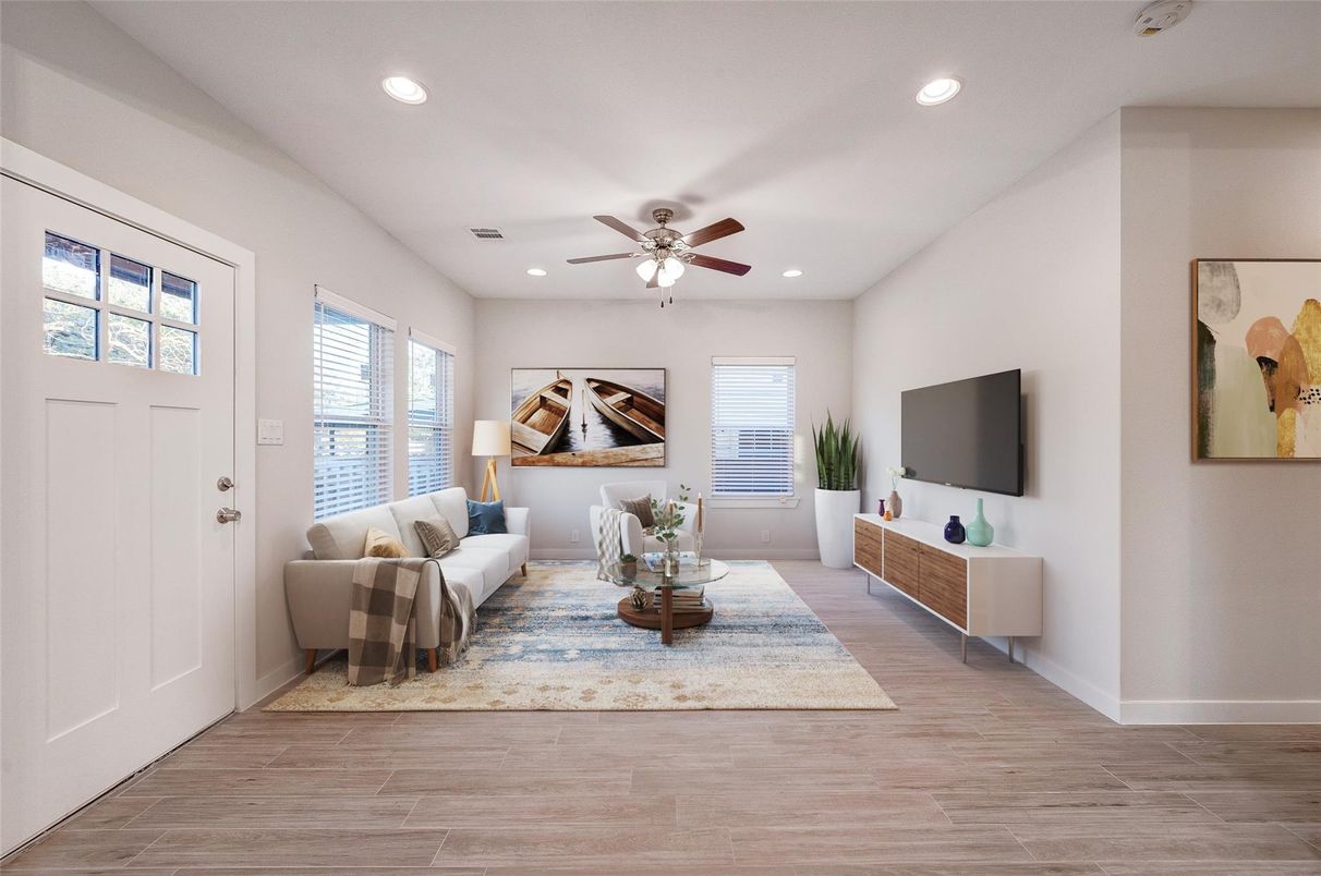 Interior, Living room, Recessed Lighting, Wood Texture Flooring