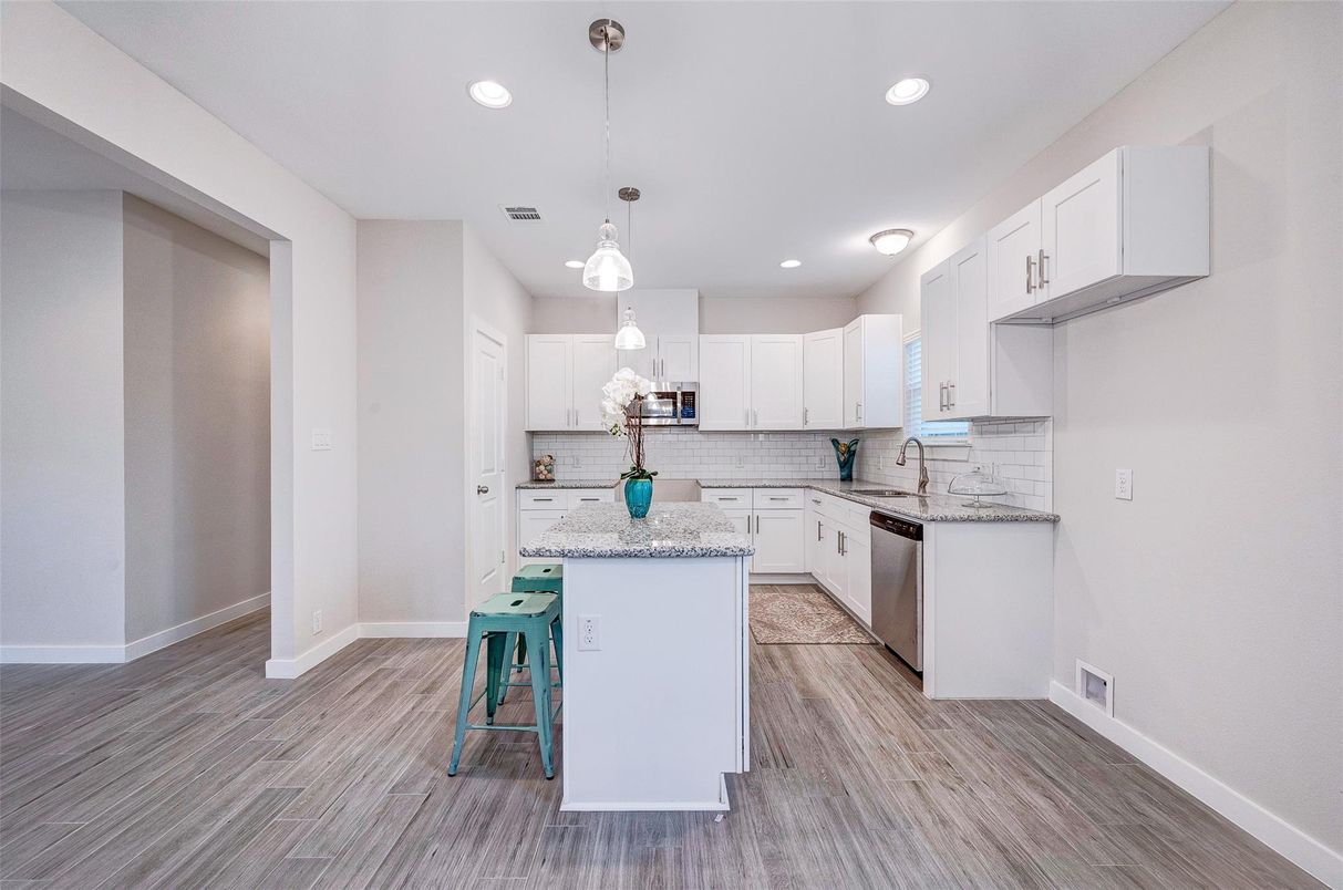 Interior, Kitchen, Pendant Lights, Recessed Lighting, Stainless Steel Appliances, Wood Texture Flooring