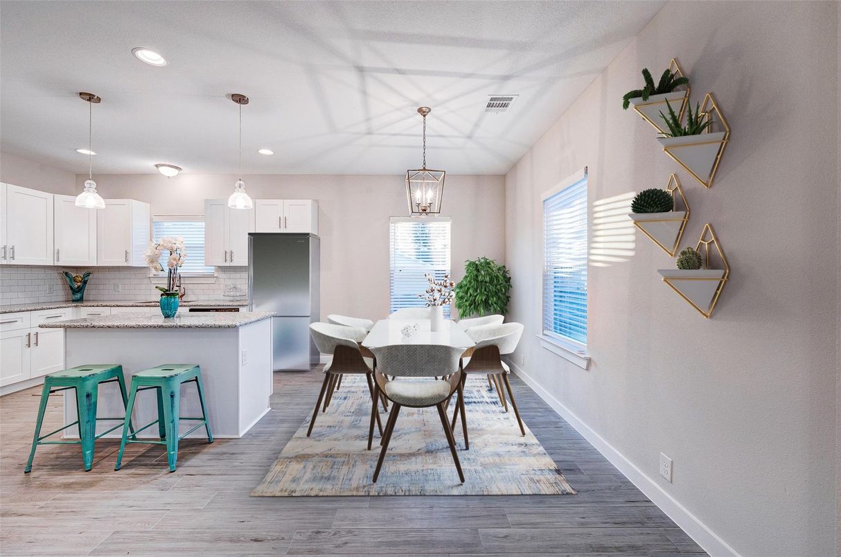 Dining room, Interior, Kitchen, Pendant Lights, Recessed Lighting, Wood Texture Flooring