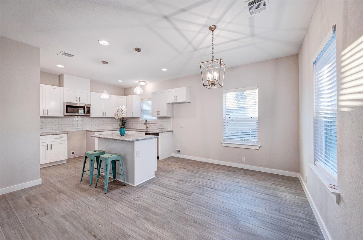Interior, Kitchen, Pendant Lights, Recessed Lighting, Wood Texture Flooring