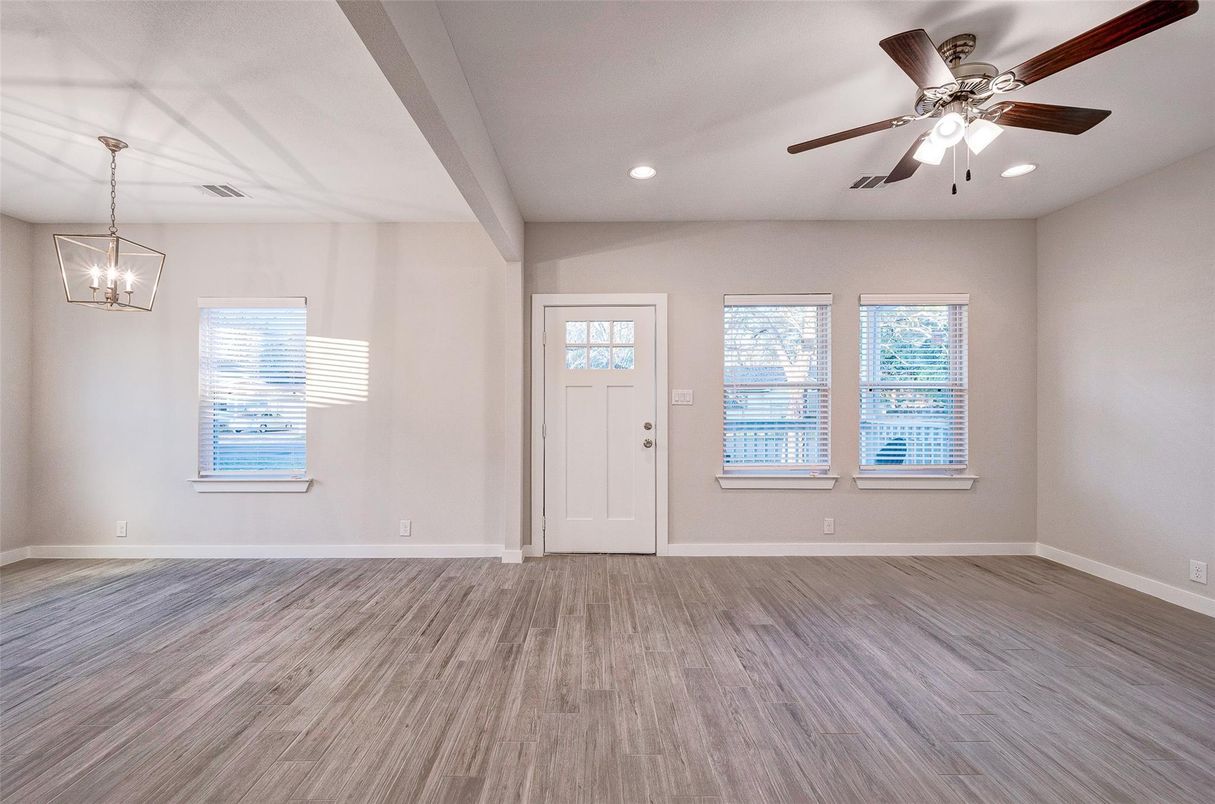 Empty room, Interior, Pendant Lights, Recessed Lighting, Wood Texture Flooring