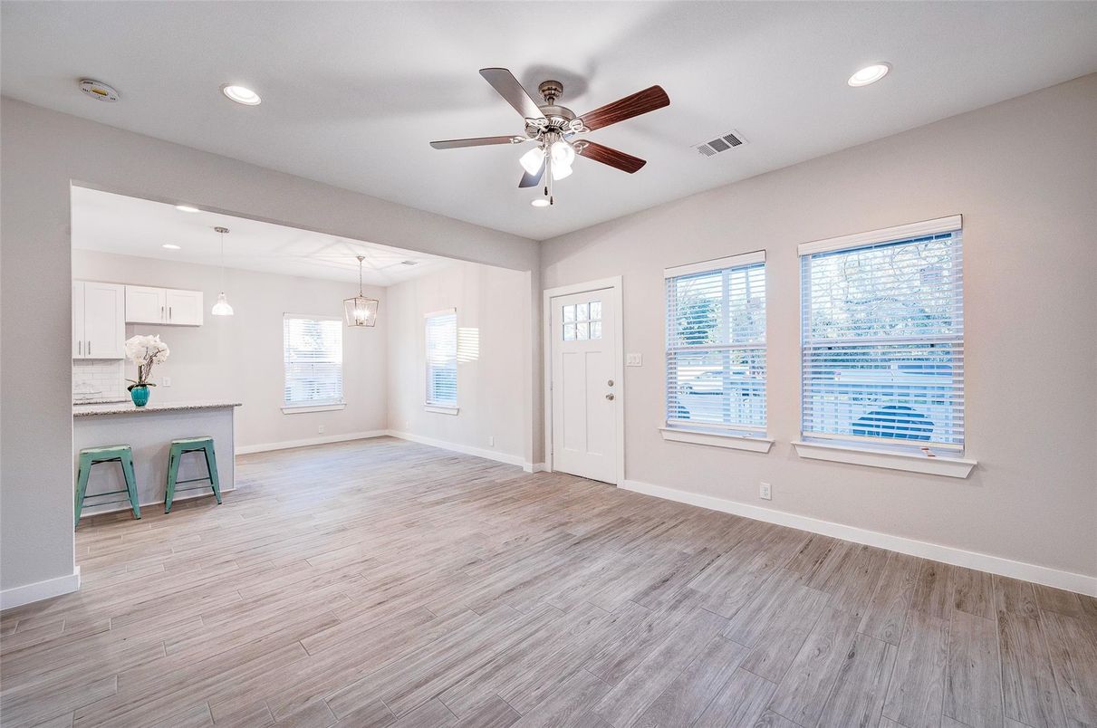 Empty room, Interior, Kitchen, Pendant Lights, Recessed Lighting, Wood Texture Flooring