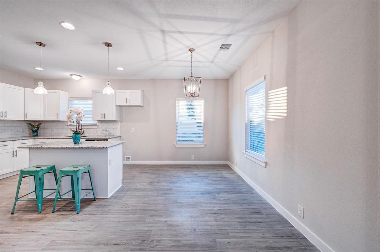 Interior, Kitchen, Pendant Lights, Recessed Lighting, Wood Texture Flooring