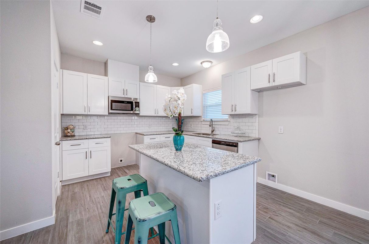 Interior, Kitchen, Pendant Lights, Recessed Lighting, Stainless Steel Appliances, Wood Texture Flooring