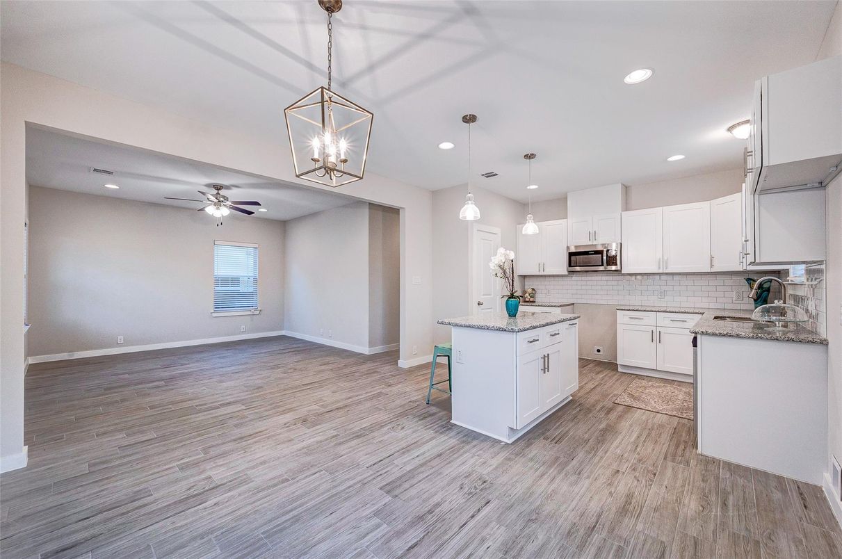 Empty room, Interior, Kitchen, Pendant Lights, Recessed Lighting, Wood Texture Flooring