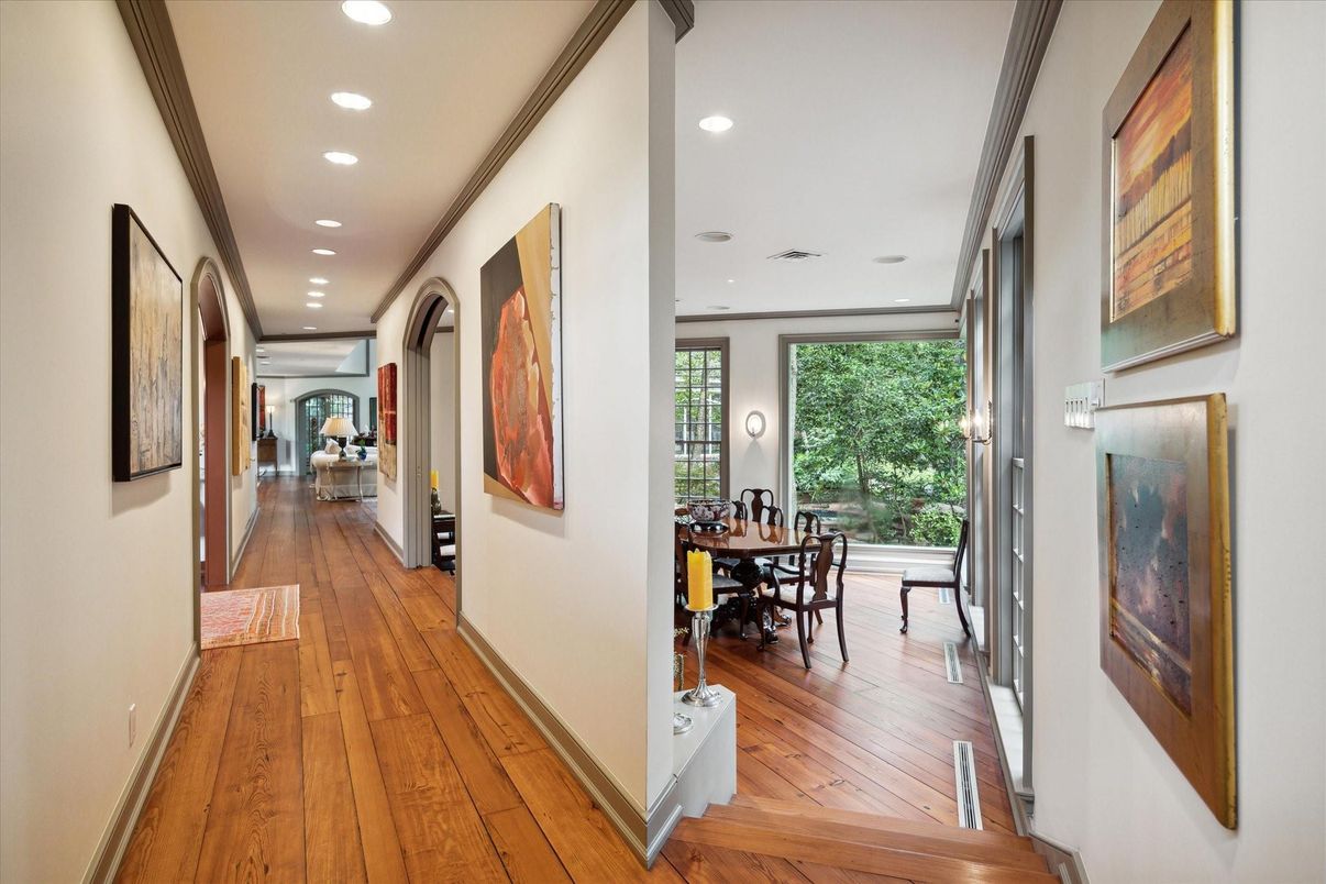 Dining room, Interior, Recessed Lighting, Wood Texture Flooring
