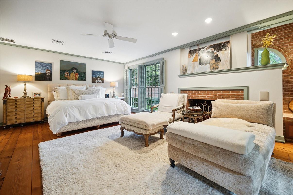 Bedroom, Fireplace, Interior, Recessed Lighting, Stone Walls, Wood Texture Flooring
