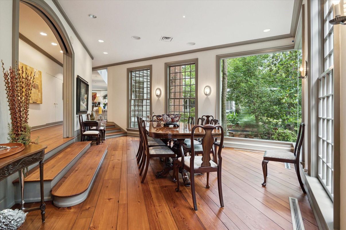 Dining room, Interior, Recessed Lighting, Wood Texture Flooring
