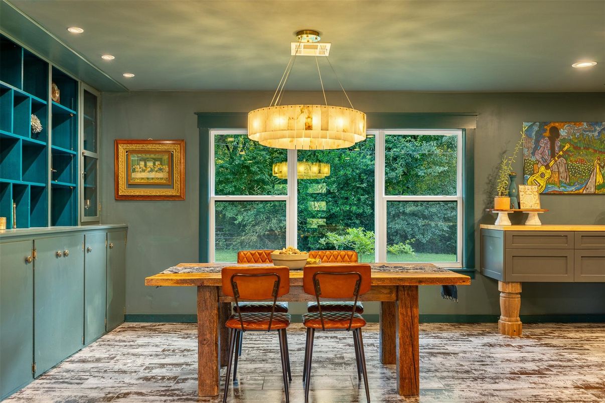 Dining room, Interior, Pendant Lights, Recessed Lighting, Wood Texture Flooring
