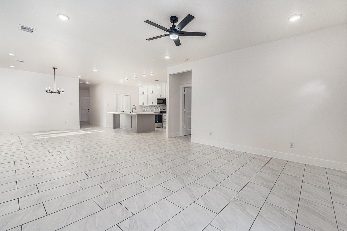 Chandelier, Empty room, Interior, Kitchen, Pendant Lights, Recessed Lighting, Stainless Steel Appliances