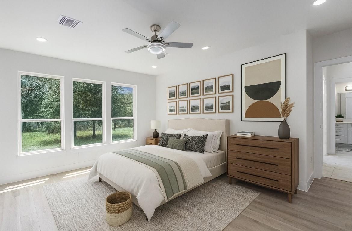Bedroom, Interior, Recessed Lighting, Wood Texture Flooring