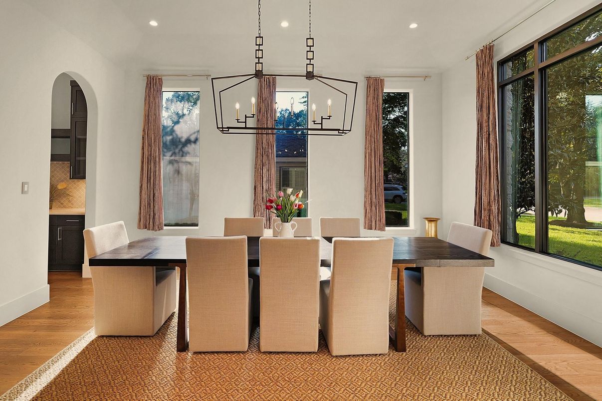 Dining room, Interior, Pendant Lights, Recessed Lighting, Wood Texture Flooring