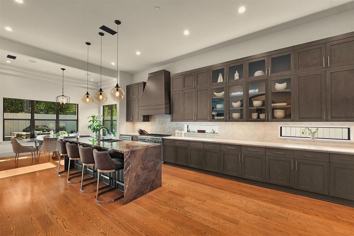 Dining room, Interior, Kitchen, Pendant Lights, Recessed Lighting, Wood Texture Flooring