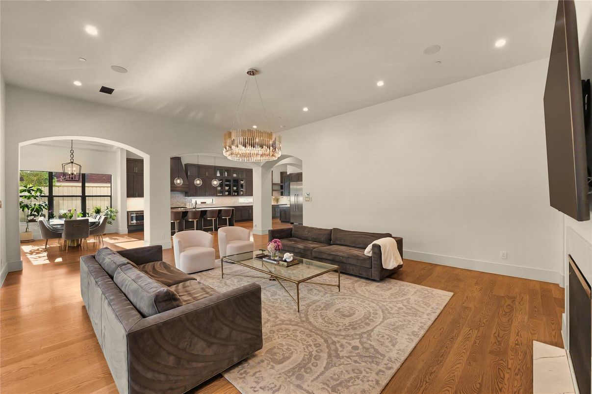 Chandelier, Dining room, Interior, Kitchen, Living room, Pendant Lights, Recessed Lighting, Wood Texture Flooring