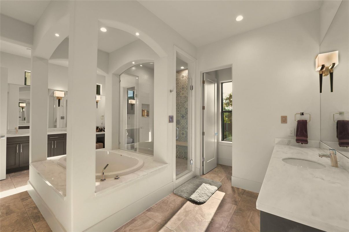 Bathroom, Dual Sink Vanities, Glass Shower, Interior, Recessed Lighting