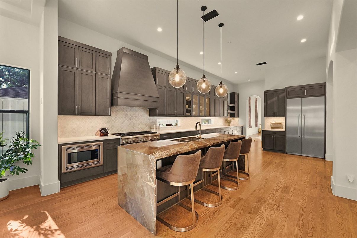 Interior, Kitchen, Pendant Lights, Recessed Lighting, Stainless Steel Appliances, Wood Texture Flooring