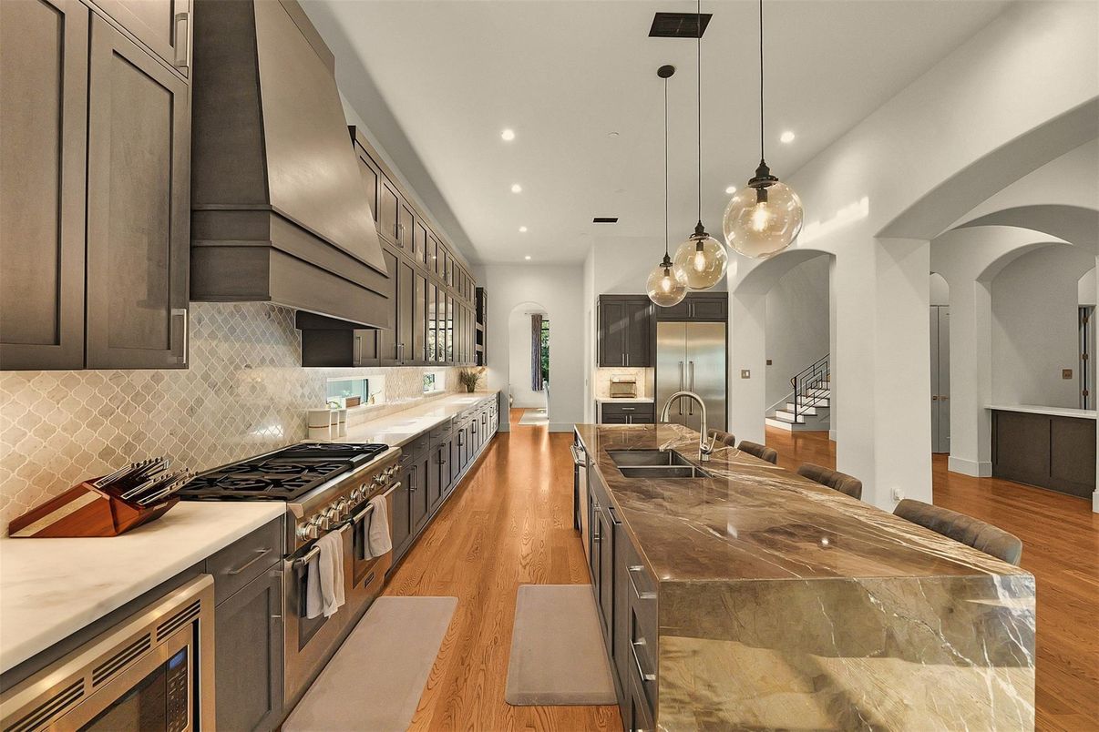 Interior, Kitchen, Pendant Lights, Recessed Lighting, Stainless Steel Appliances, Wood Texture Flooring