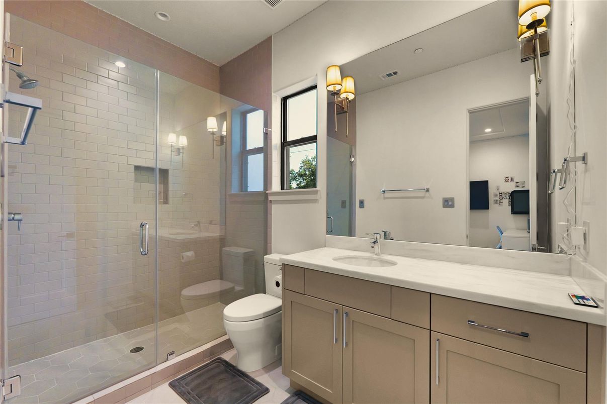 Bathroom, Dual Sink Vanities, Glass Shower, Interior, Recessed Lighting