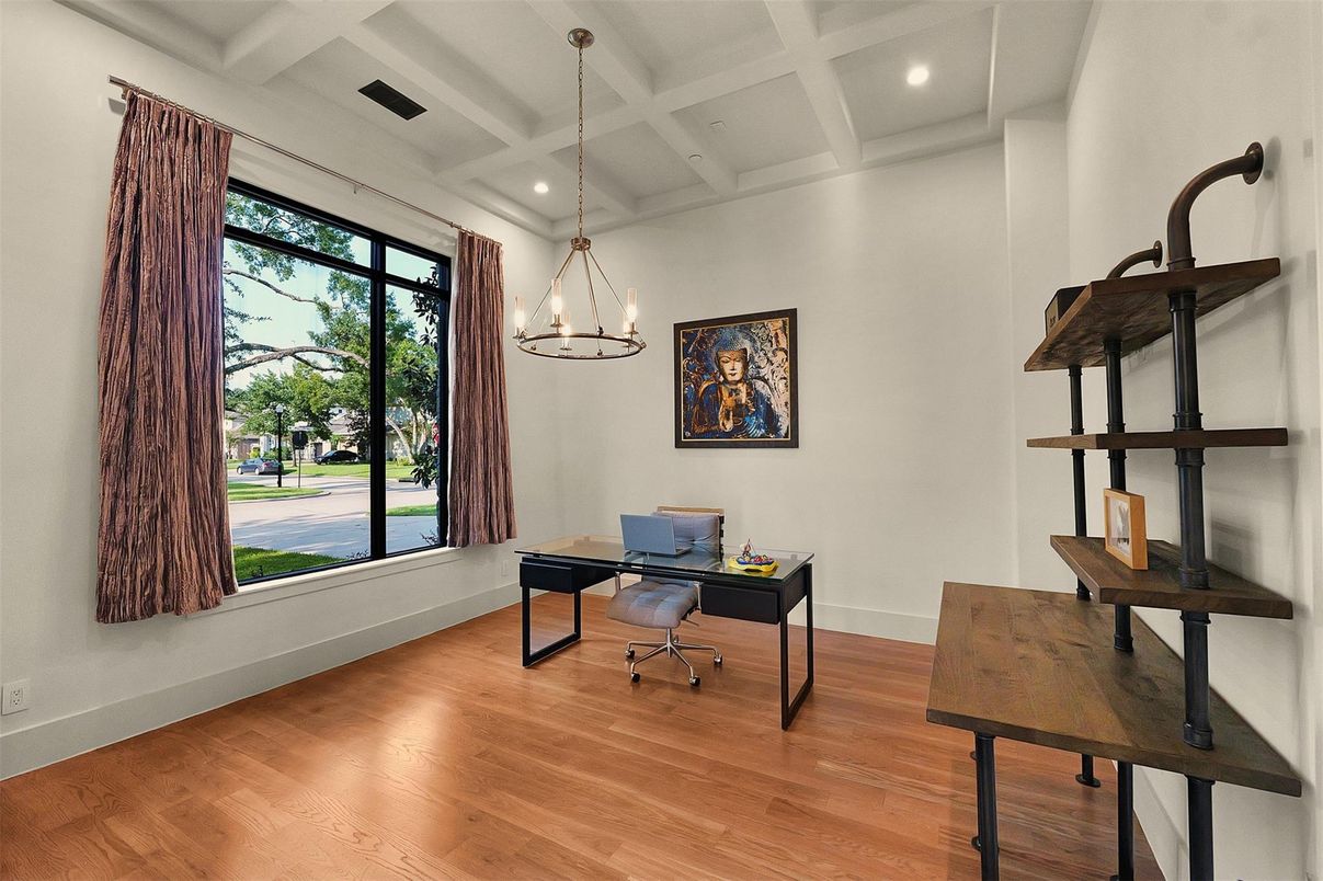 Chandelier, Home Office, Interior, Pendant Lights, Recessed Lighting, Wood Texture Flooring