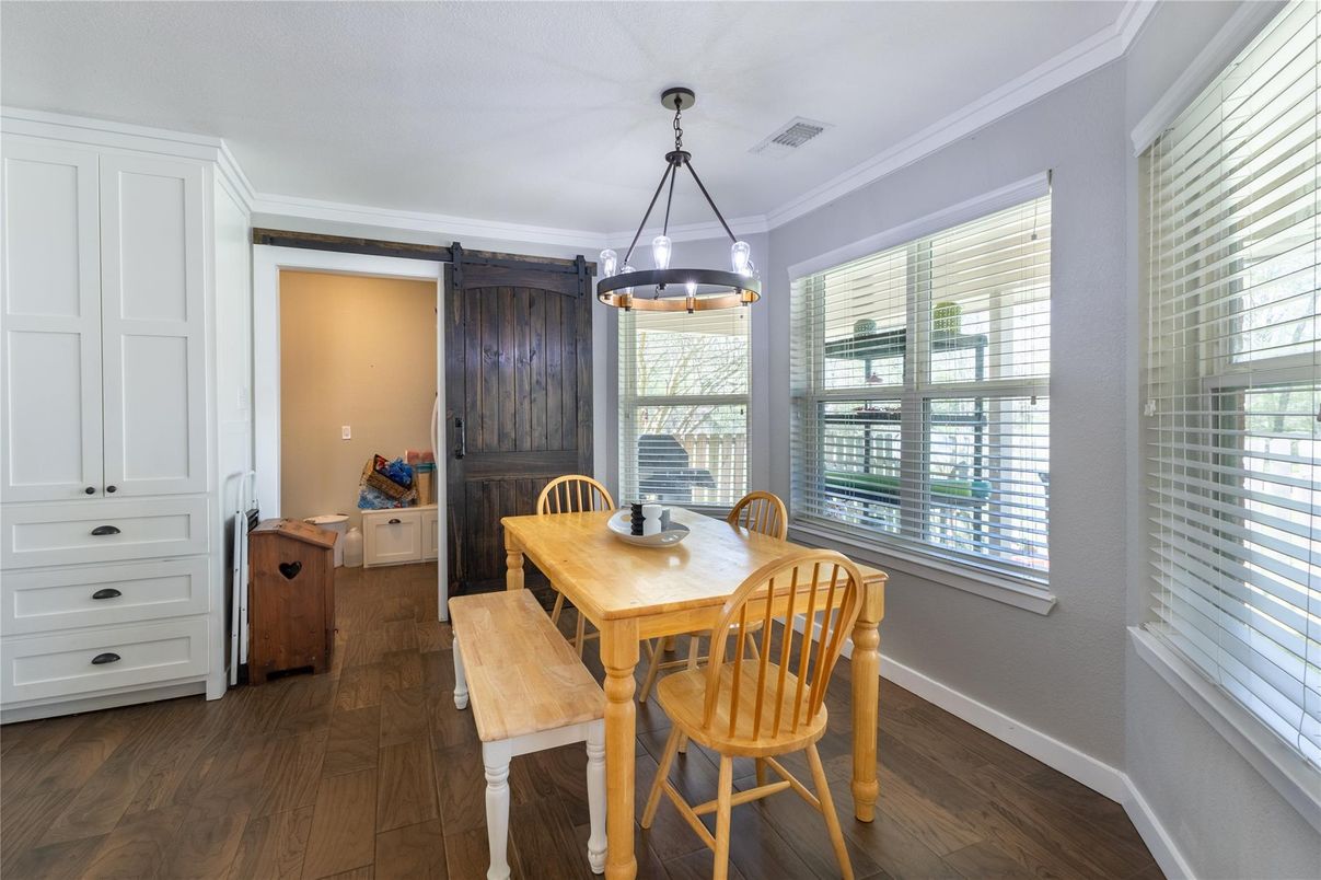 Dining room, Interior, Pendant Lights, Wood Texture Flooring