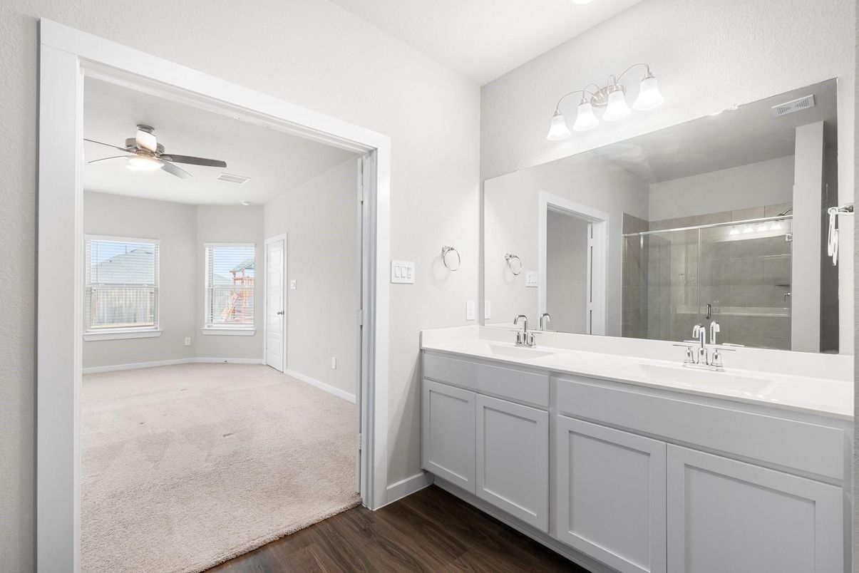 Bathroom, Dual Sink Vanities, Glass Shower, Interior, Wood Texture Flooring