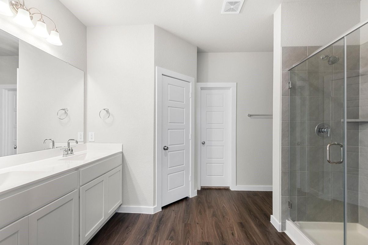 Bathroom, Dual Sink Vanities, Glass Shower, Interior, Wood Texture Flooring