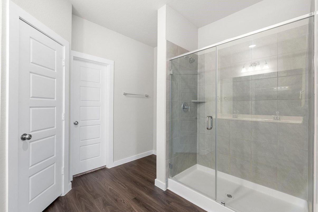 Bathroom, Glass Shower, Interior, Wood Texture Flooring