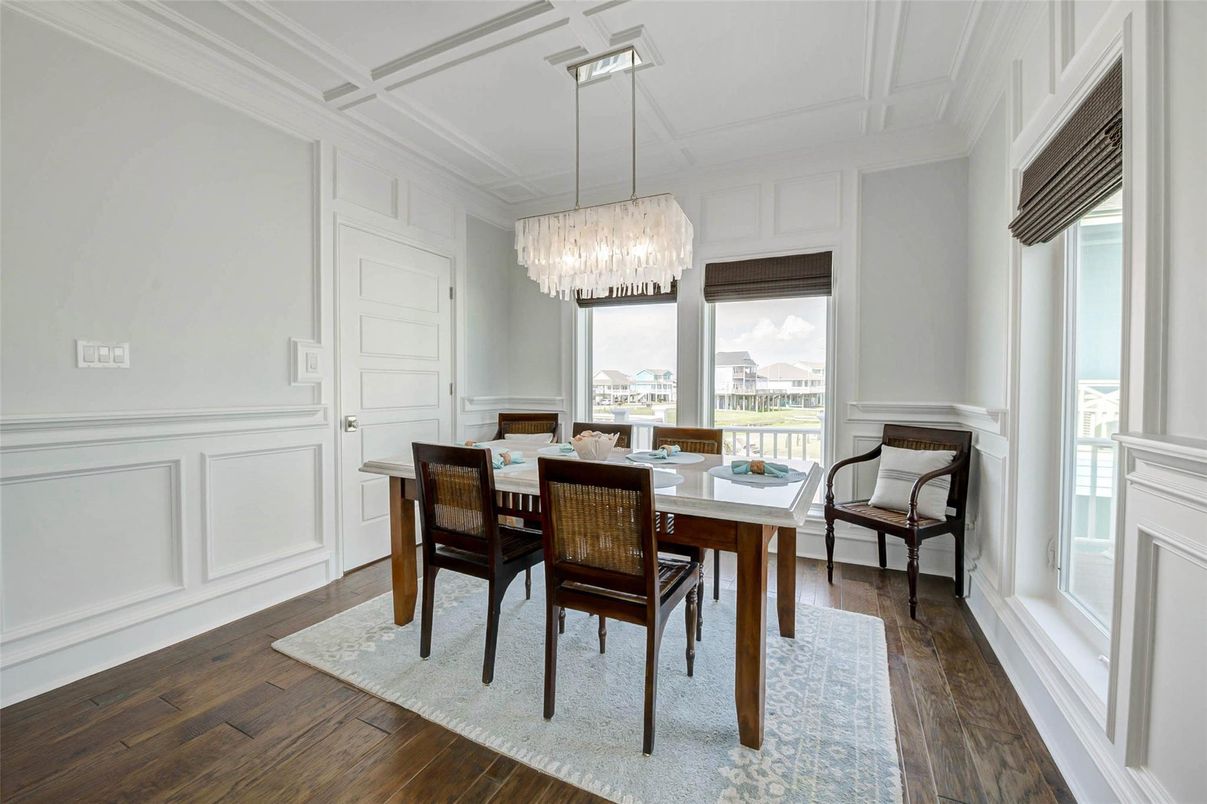 Chandelier, Dining room, Interior, Wood Texture Flooring