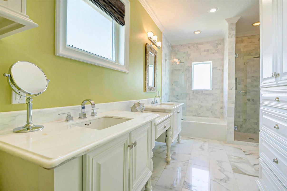 Bathroom, Dual Sink Vanities, Glass Shower, Interior, Marble, Recessed Lighting