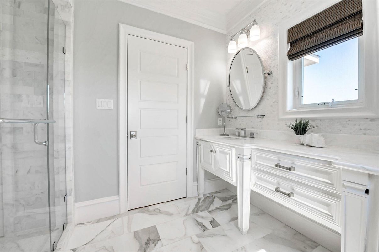 Bathroom, Dual Sink Vanities, Glass Shower, Interior, Marble, Marble Walls