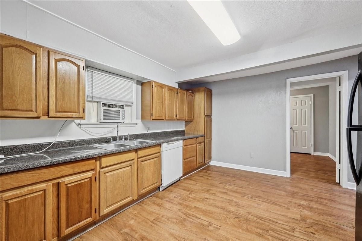 Interior, Kitchen, Tile Countertops, Wood Texture Flooring