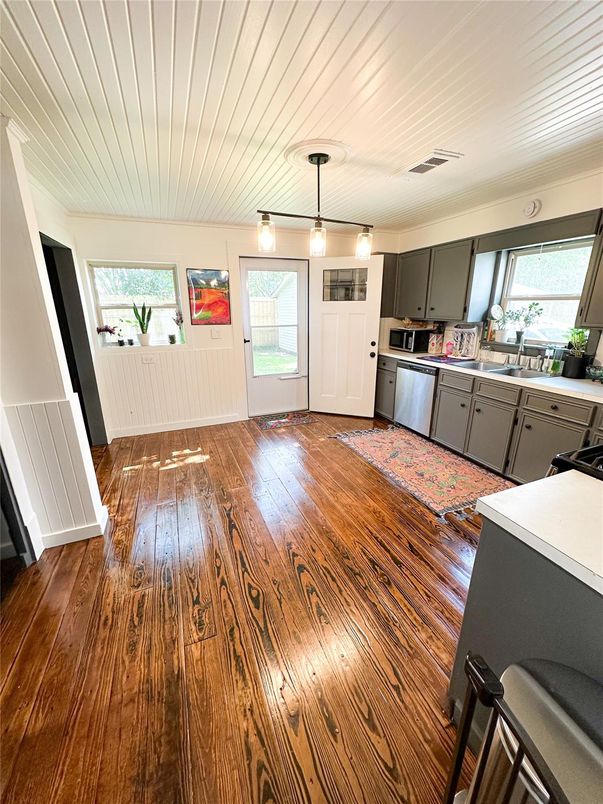 Interior, Kitchen, Pendant Lights, Stainless Steel Appliances, Wood Texture Flooring