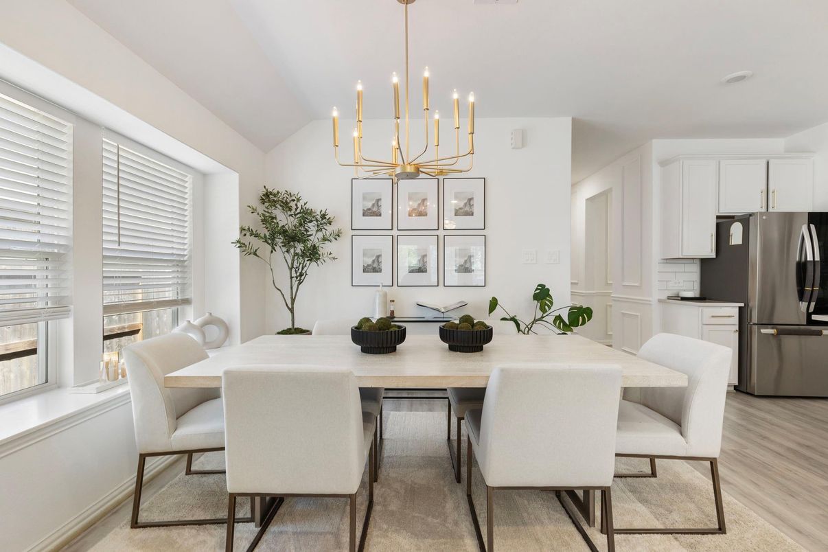 Dining room, Interior, Kitchen, Pendant Lights, Stainless Steel Appliances, Wood Texture Flooring