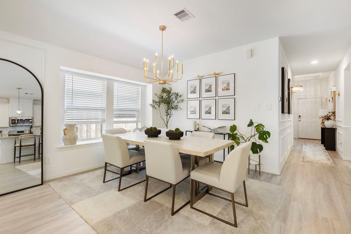 Dining room, Interior, Kitchen, Pendant Lights, Recessed Lighting, Wood Texture Flooring