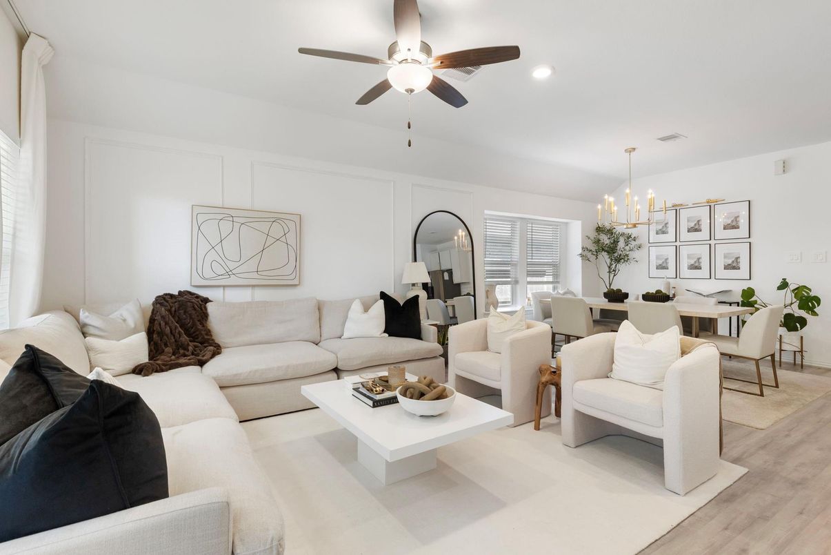 Chandelier, Dining room, Interior, Living room, Pendant Lights, Recessed Lighting, Wood Texture Flooring
