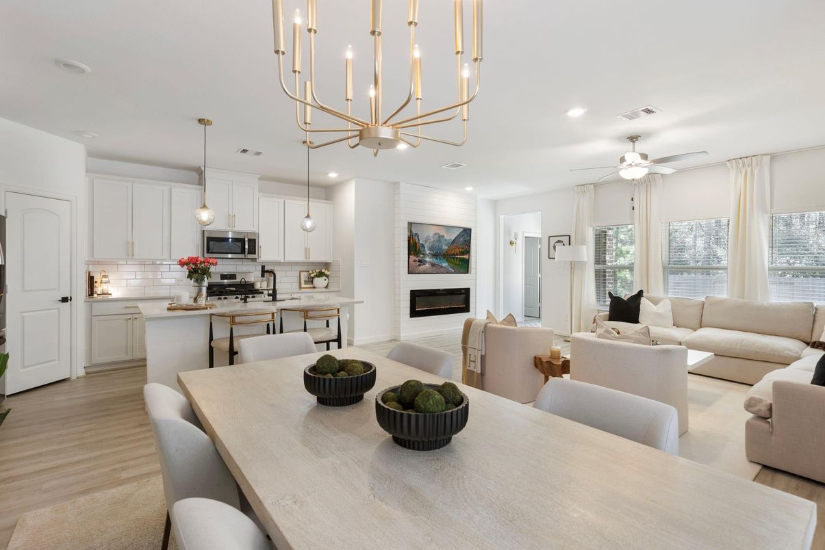 Chandelier, Dining room, Fireplace, Interior, Kitchen, Living room, Pendant Lights, Recessed Lighting, Wood Texture Flooring