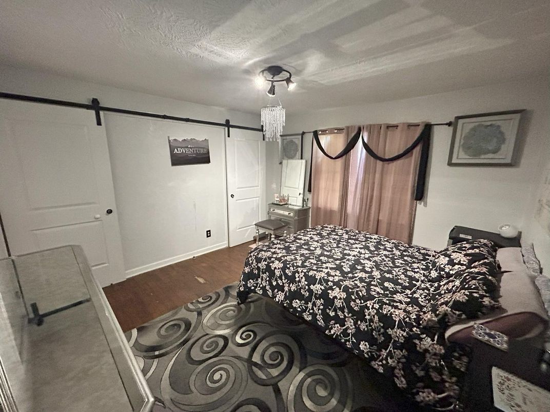 Bedroom, Chandelier, Interior, Wood Texture Flooring