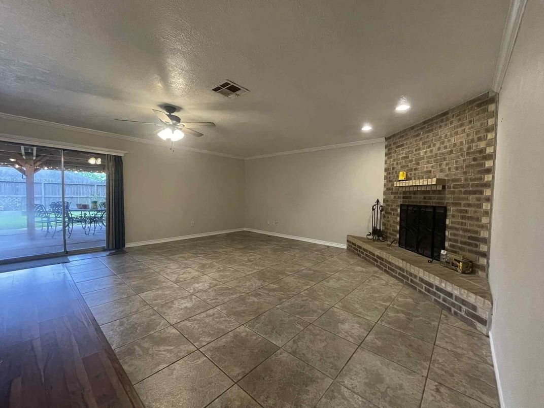 Empty room, Fireplace, Interior, Recessed Lighting, Stone Walls