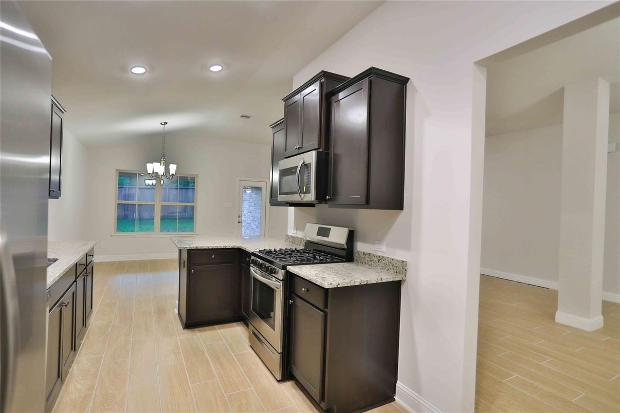Chandelier, Interior, Kitchen, Recessed Lighting, Wood Texture Flooring