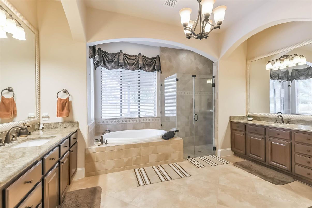 Bathroom, Chandelier, Dual Sink Vanities, Glass Shower, Interior