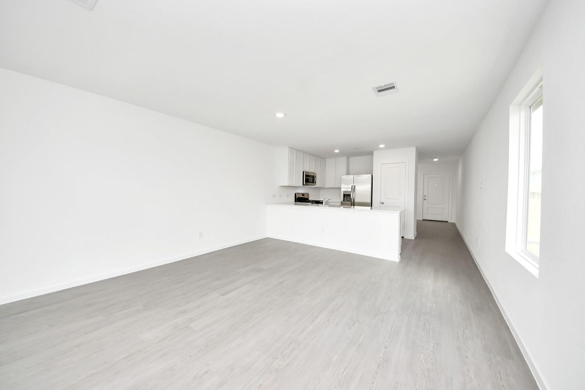 Empty room, Interior, Kitchen, Recessed Lighting, Wood Texture Flooring