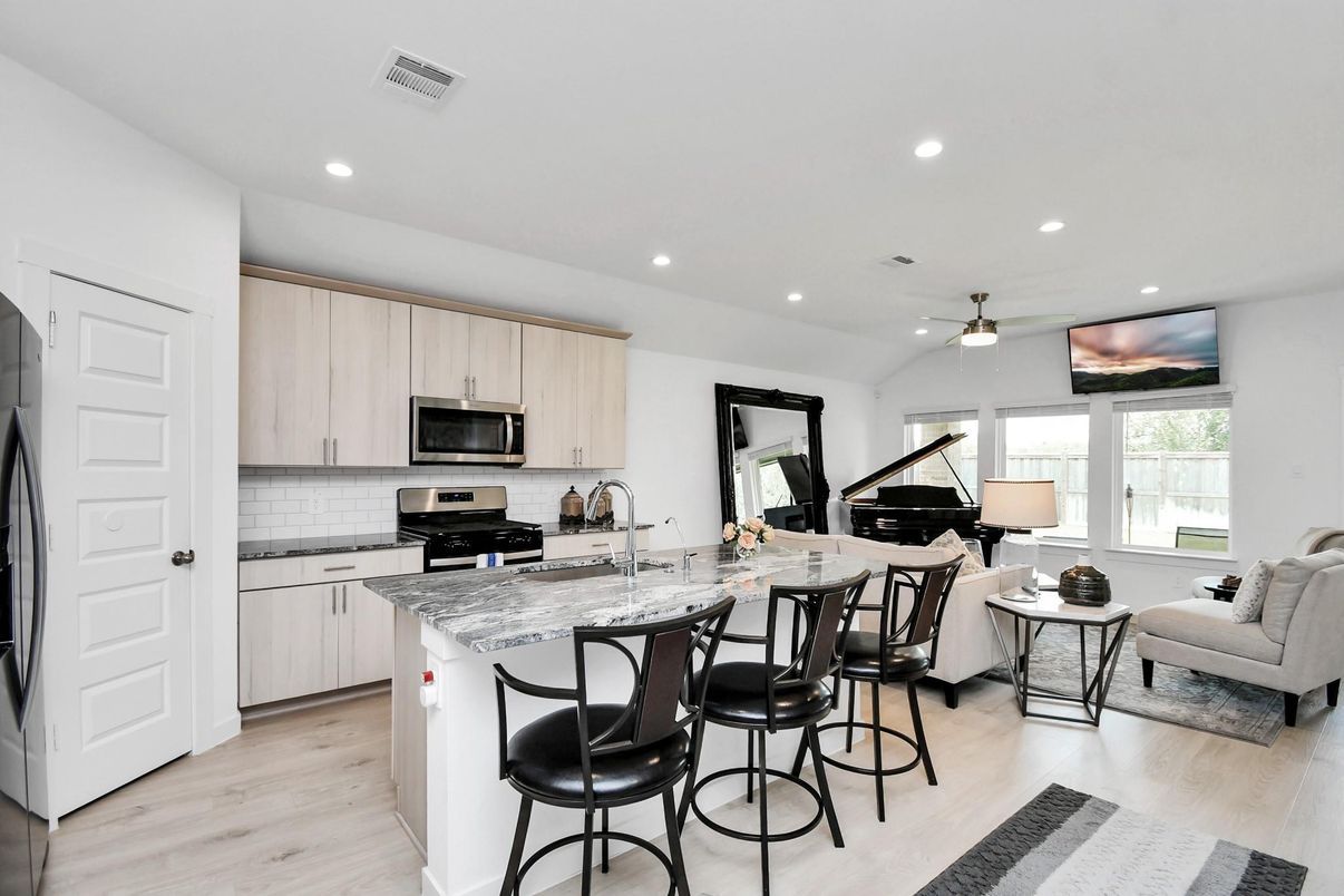 Interior, Kitchen, Living room, Recessed Lighting, Wood Texture Flooring