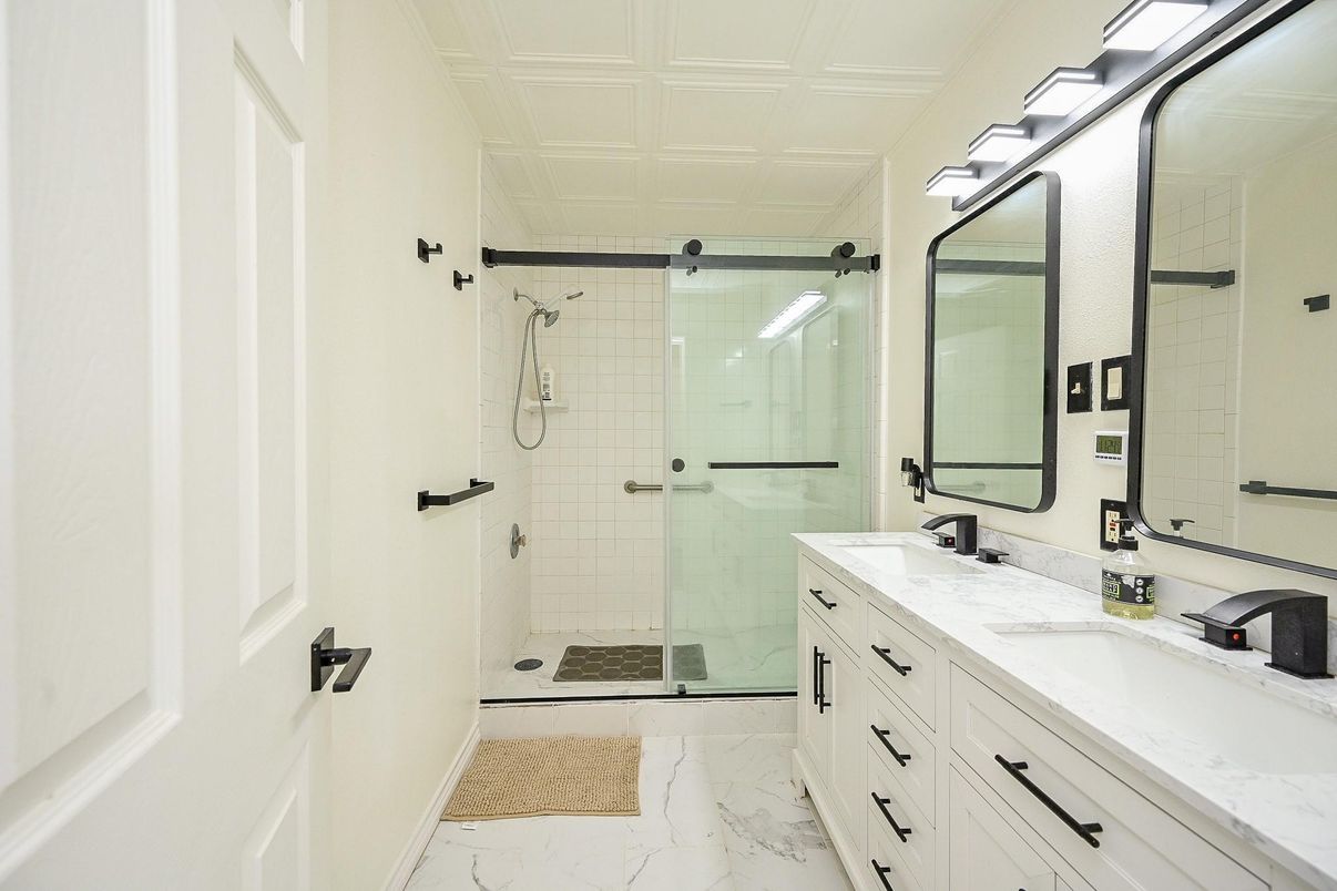 Bathroom, Dual Sink Vanities, Glass Shower, Interior, Marble