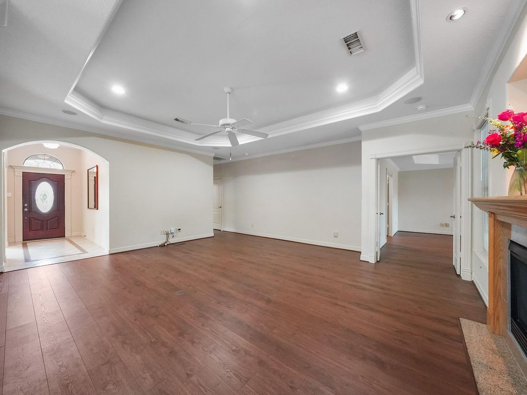 Empty room, Fireplace, Interior, Recessed Lighting, Wood Texture Flooring