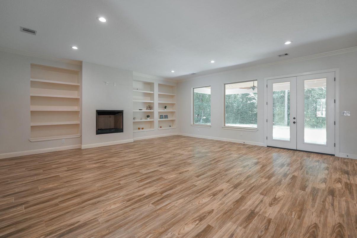 Empty room, Fireplace, Interior, Recessed Lighting, Wood Texture Flooring