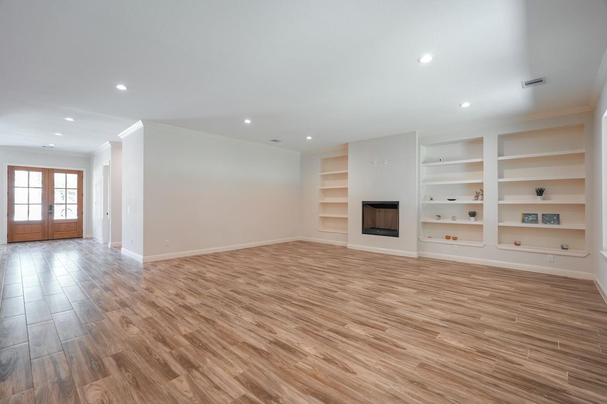 Empty room, Fireplace, Interior, Recessed Lighting, Wood Texture Flooring