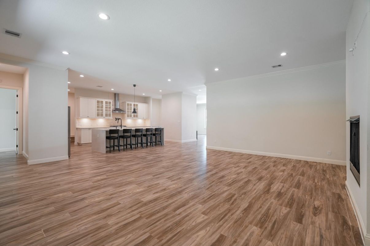 Empty room, Interior, Kitchen, Pendant Lights, Recessed Lighting, Wood Texture Flooring