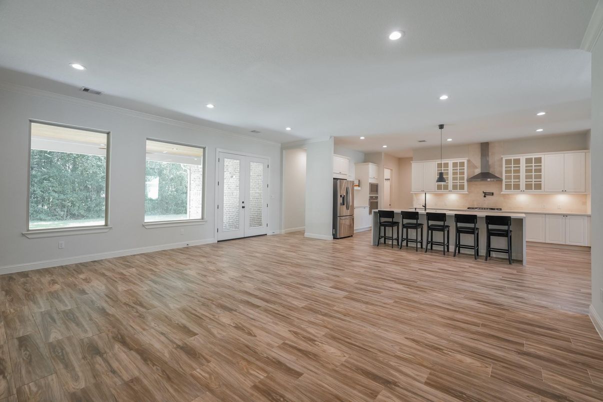 Empty room, Interior, Kitchen, Pendant Lights, Recessed Lighting, Wood Texture Flooring