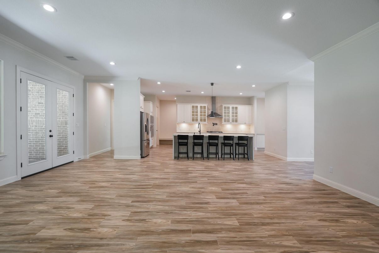 Empty room, Interior, Kitchen, Pendant Lights, Recessed Lighting, Wood Texture Flooring